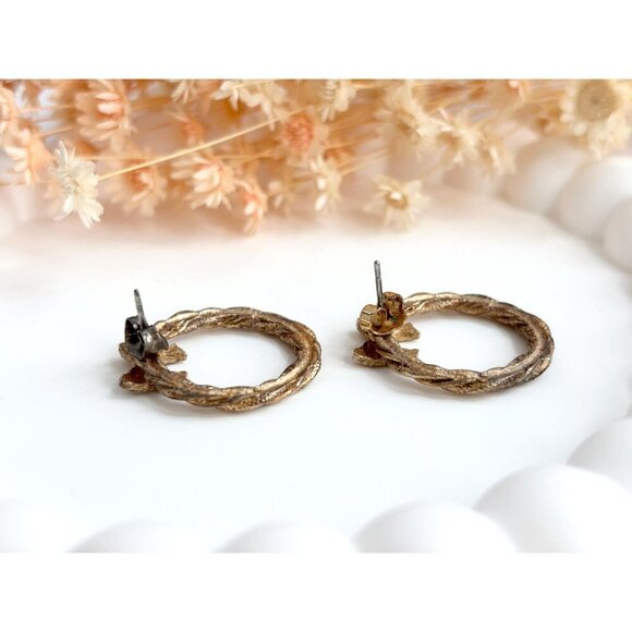 Gold Toned Braided Rope Bow Ribbon Vintage Post Back Holiday Themed Earrings - Picture 6 of 10